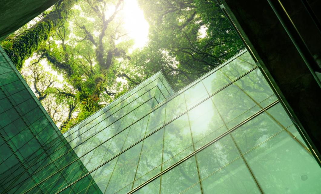 Edificio moderno in vetro immerso in una foresta lussureggiante.