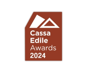 Logo dei Cassa Edile Awards 2024, con forme geometriche e testo bianco su sfondo marrone.